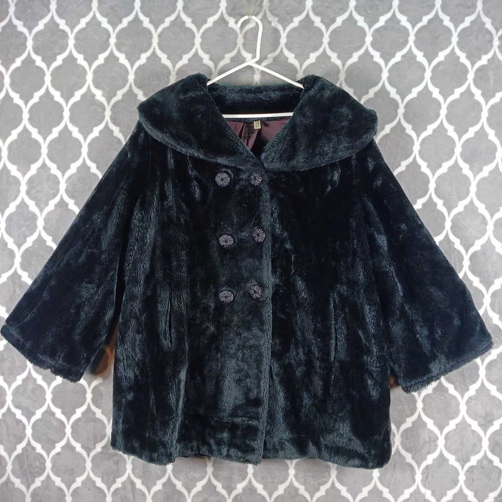 Vintage Faux Fur Coat Women XL Black Cape Sleeve Double Breasted Goth Glam